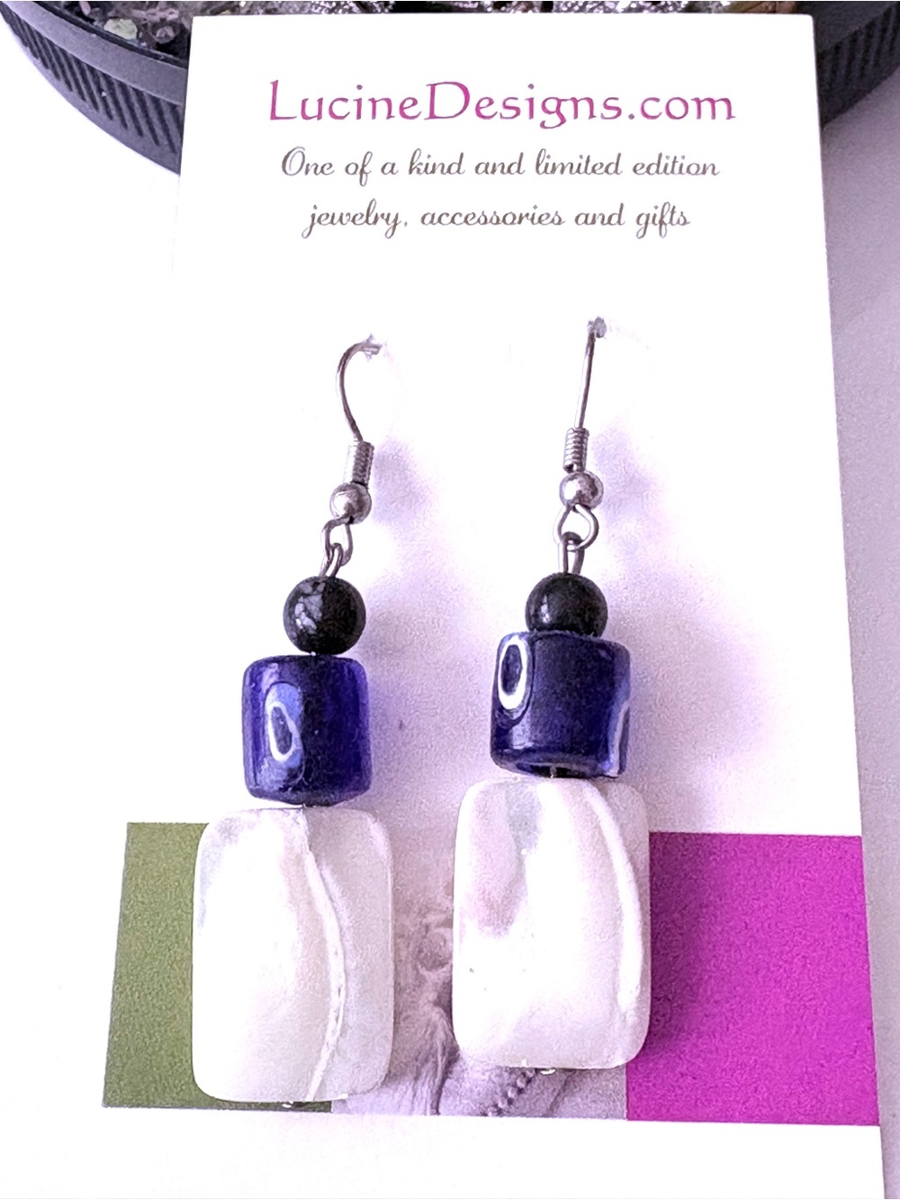 White and Dark Blue mother of pearl Drop Earrings, with evil eye and onyx